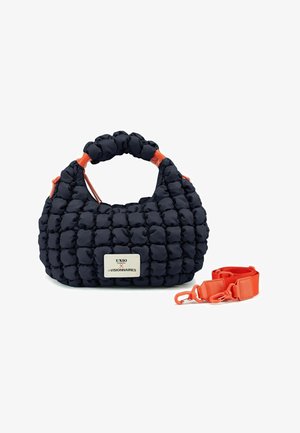 Quilted navy bag with orange accents and a silver logo plate. Includes a matching detachable strap for versatility in carrying options.