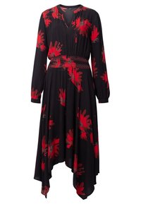 Mustat mekko pitkillä hihoilla, punaiset kukkakuviot ja kuminauha vyötäröllä. Ominaisuuksia V-pääntie ja epäsymmetrinen helma, jotka luovat lempeän siluetin.