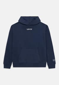 Tamsiai mėlynas megztinis su gaubtu, pagamintas iš medvilnės, su priekinėmis kengūros kišenėmis, reguliuojamu raišteliu gaubtu ir balta LEVI'S logotipu spausdintu ant krūtinės.