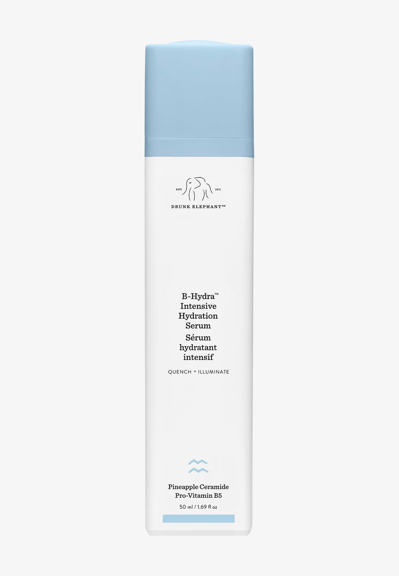 White bottle with a light blue cap, labeled "B-Hydra Intensive Hydration Serum," featuring black text and a logo of an elephant.