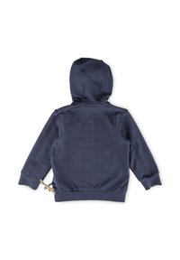 Marineblaue Baumwoll-Hoodie mit einer Kängurutasche, gerippten Bündchen und Saum; verfügt über einen Kordelzug in der Taille für eine anpassbare Passform.