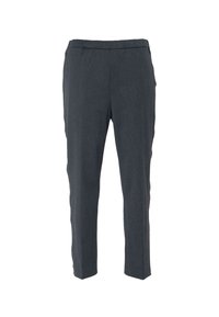 Šedé kalhoty rovného střihu s jemnou texturou. Mají elastický pas a minimální detaily prošití. Žádné kapsy nejsou viditelně zobrazeny.