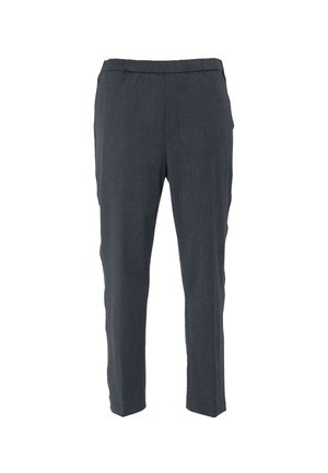 Šedé kalhoty rovného střihu s jemnou texturou. Mají elastický pas a minimální detaily prošití. Žádné kapsy nejsou viditelně zobrazeny.