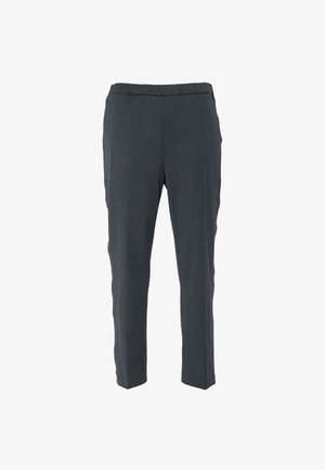 Harmaat suorat housut, joissa on pehmeä rakenne. Varustettu joustavalla vyötärönauhalla ja vähäisillä ompelusyksityiskohdilla. Taskuja ei näy.