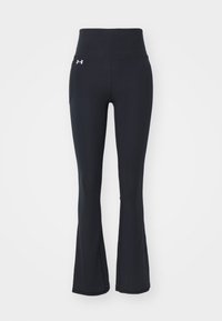 Black flared workout pants made of a stretchy material, featuring a high waistband and a side pocket. Logo is positioned on the front.
