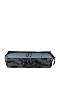 Trousse noire et grise en tissu texturé, comportant le texte "Naruto Shippuden" et un logo en spirale sur un fond à motifs.
