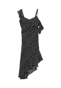 Schwarzes Kleid mit weißen Polka-Dots, mit einem gerafften Oberteil und asymmetrischem Saum, gefertigt aus leichtem, durchscheinendem Stoff.