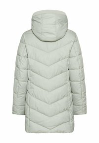 Light green puffer jacket with a chevron quilted pattern, featuring a hood and ribbed collar. Smooth texture and mid-length design.