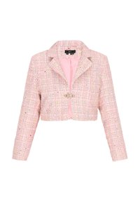 Gekürzte rosa Tweedjacke aus strukturiertem Stoff, mit Dreiviertelärmeln, einem Reverskragen und einem dekorativen Vorderverschluss.
