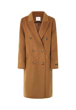 Dubbeltknäppt kappa i brun ullblandning, med slagkrage, två sidofickor och runda knappar fram.