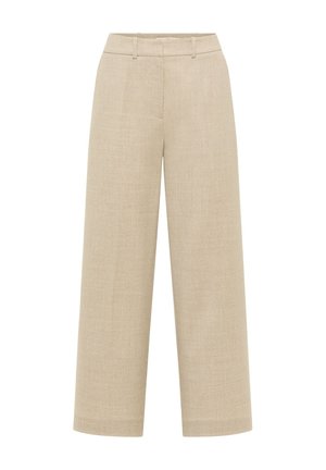 Beige weite Hose aus strukturiertem Stoff, mit flachem Taillenbund und seitlichen Taschen, in einer klaren, maßgeschneiderten Silhouette.