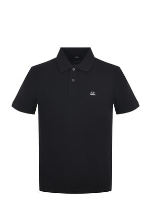 Polo nera a maniche corte con due bottoni e piccolo logo bianco "C.P COMPANY" sul petto sinistro.