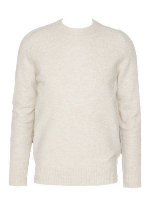 Maglione beige chiaro, collo rotondo, maniche lunghe, realizzato in morbida lana, con polsini e orlo a coste, texture liscia con un motivo sottile.