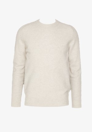 Heled beez värvi kampsun, ümar kaelus, pikad varrukad, pehmest villast, ribatud mansettide ja äärega, sile tekstuur ning peen muster.