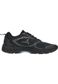 Zwarte sportieve schoen met een ademende mesh bovenkant, getextureerde rubberen zool en reflecterende accenten. Ontworpen voor comfort en stabiliteit.
