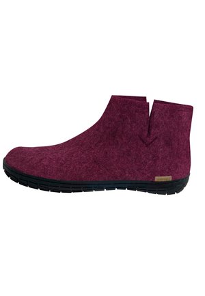 Dark red felt ankle boot with a black rubber sole and a small pull tab at the top for easy slip-on.