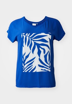 T-shirt blu a maniche corte con una grande stampa bianca di una foglia a forma di zebra sul davanti. Tessuto morbido con una vestibilità comoda e scollo a V.