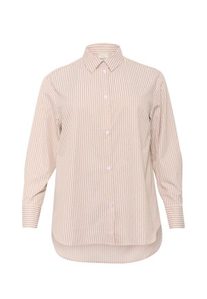 Light pink button-up shirt with white and dark pink vertical stripes. Features long sleeves, a classic collar, and a curved hem.