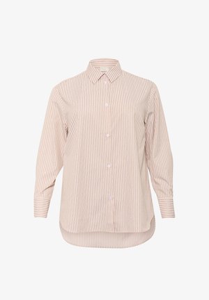 Lichtroze button-up shirt met witte en donkerroze verticale strepen. Heeft lange mouwen, een klassieke kraag en een gebogen zoom.