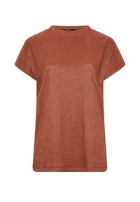 Ruskirjainen lyhythihainen paita, jossa on pyöreä pääntie ja teksturoitu neulekangas. Löysä malli suoralinjaisella leikkuulla ja minimaalinen yksityiskohtaisuus.