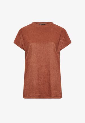 Roodbruin t-shirt met korte mouwen en een ronde halslijn van een gestructureerde brei-stof. Losse pasvorm met een rechte snit en minimale details.