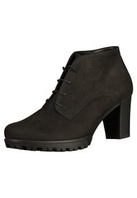 Bottines en suède noir avec un bout arrondi, un design à lacets et un talon bloc texturé. Semelle en caoutchouc avec motifs de grip pour une meilleure adhérence.