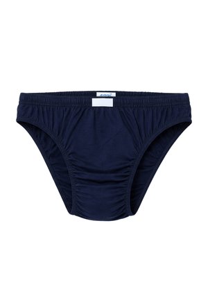Slip da uomo blu navy con fascia elastica in vita e arricciatura frontale, con una piccola etichetta bianca al centro della fascia in vita.