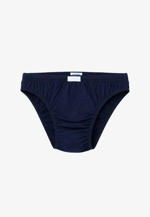 Slip da uomo blu navy con fascia elastica in vita e arricciatura frontale, con una piccola etichetta bianca al centro della fascia in vita.
