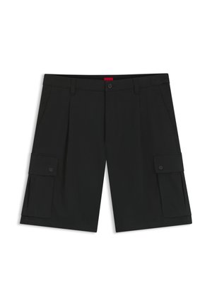 Shorts cargo noirs mi-genou avec poches latérales à boutons, passants pour ceinture, bouton frontal et fermeture éclair, présentés sur un fond blanc.