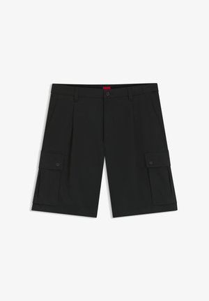 Shorts cargo noirs mi-genou avec poches latérales à boutons, passants pour ceinture, bouton frontal et fermeture éclair, présentés sur un fond blanc.