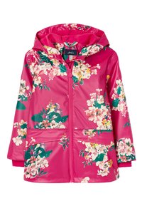 Impermeabile floreale rosa con zip frontale, cappuccio e due tasche anteriori. Presenta vivaci motivi floreali in bianco, giallo e verde.