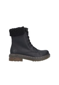 Schwarze Lederstiefelette mit einem flauschigen schwarzen Bündchen, Schnürung vorne und einer dicken Gummisohle mit einem Profilmuster.