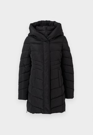 Schwarze Daunenjacke mit Kapuze, ausgestattet mit einem gesteppten Design, langen Ärmeln und vertikalen Nähten; glatte Textur mit einem frontalen Reißverschluss.