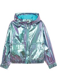 Tęczowa kurtka na zamek z kapturem, z turkusową podszewką, elastycznymi mankietami oraz dwoma przednimi kieszeniami na zamek.