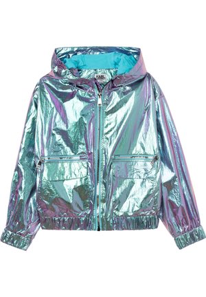 Iridescerende lynlåstrøje med hætte, der har en turkis foring, elastiske manchetter og to lynlåslommer foran.