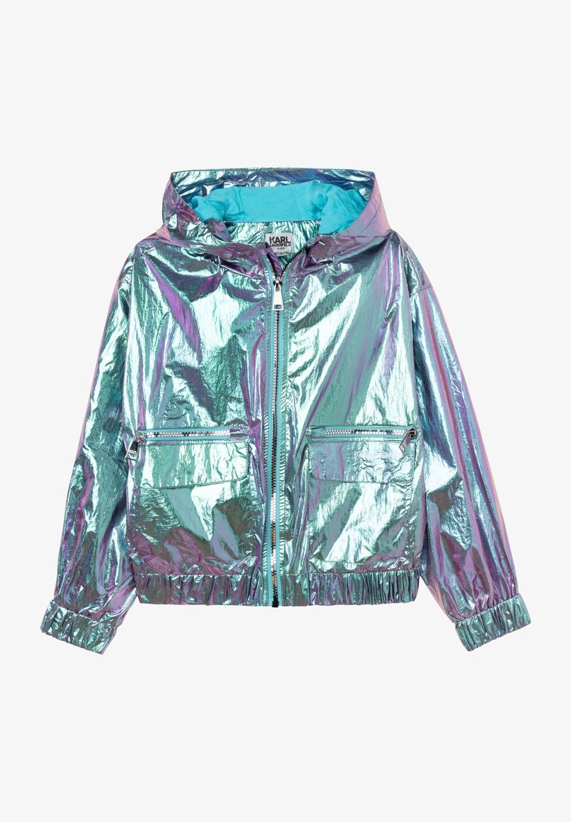 Tęczowa kurtka na zamek z kapturem, z turkusową podszewką, elastycznymi mankietami oraz dwoma przednimi kieszeniami na zamek.