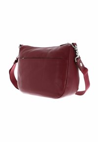 Burgunderfarbene Leder-Crossbody-Tasche mit strukturierter Oberfläche, eleganter Silhouette, Reißverschluss und verstellbarem Tragegurt. Mit einer Fronttasche.
