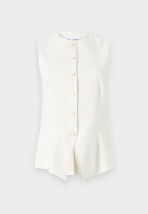 Λευκό αμάνικο γιλέκο με στρογγυλή λαιμόκοψη, διαθέτει έξι μπροστινά κουμπιά και δύο πλαϊνές τσέπες, κατασκευασμένο από μαλακό ύφασμα.