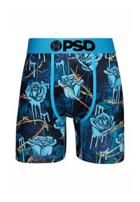Boxeri pentru bărbați cu un model de trandafiri albaștri și spini, fundal bleumarin și talie turcoaz cu logo-ul PSD.