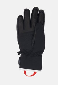 Black winter glove with leather fingertips and textured black fabric. Features a rubber accent and an adjustable wrist strap with a red loop.