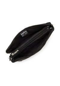 Portafoglio in tessuto nero con due scomparti, dotato di chiusura con zip e un piccolo anello portachiavi. Interno foderato in tessuto morbido.