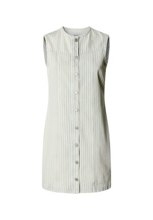 Hihaton, polvimittainen mekko, jossa on pystysuorat vaaleanvihreät ja valkoiset raidat, pyöreä pääntie ja etuvetoketju.