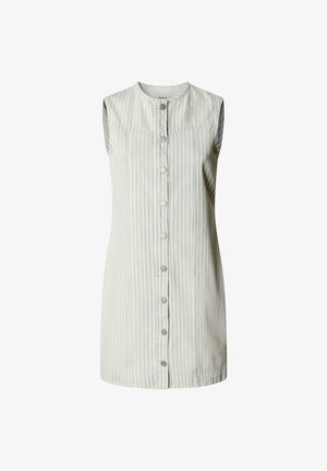 Ärmlös knälång klänning med vertikala ljusgröna och vita ränder, rund halsringning och knäppning fram.