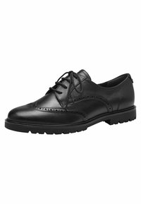 Scarpa da uomo in pelle nera con dettagli brogue, punta rotonda, lacci piatti e suola in gomma per una trazione migliorata.