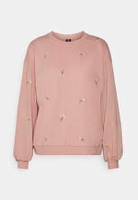 Felpa rosa polveroso a maniche lunghe con piccoli fiori ricamati bianchi sparsi sulla parte anteriore e sulle maniche, con polsini e orlo a costine.