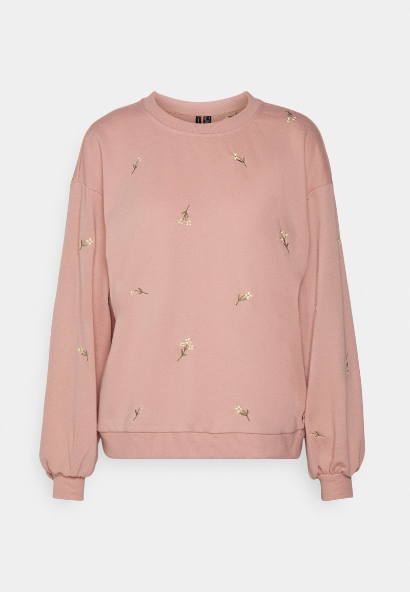 Felpa rosa polveroso a maniche lunghe con piccoli fiori ricamati bianchi sparsi sulla parte anteriore e sulle maniche, con polsini e orlo a costine.