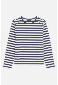 Marineblauw en wit gestreepte lange mouwen shirt, met een ronde halslijn en decoratieve details op de schouder. Zacht, lichtgewicht stof.