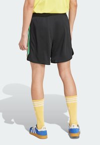 Svarta mesh-shorts med gröna och vita sidosträck, elastisk midja. Bärs med gula knälånga strumpor och blå skor, vilket ger en sportig look.