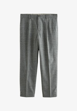 Szürke kockás nadrág, egyenes szabással, sima elülső résszel, egy gombos záródással és könnyű szövettextúrával.