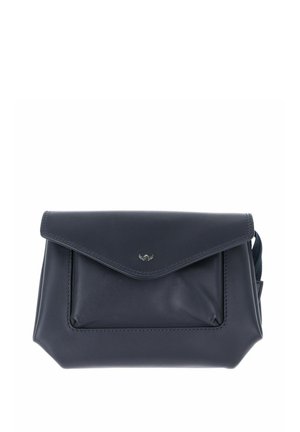Black leather rectangular pouch with a front flap, small metallic logo, and side strap, isolated on white background.